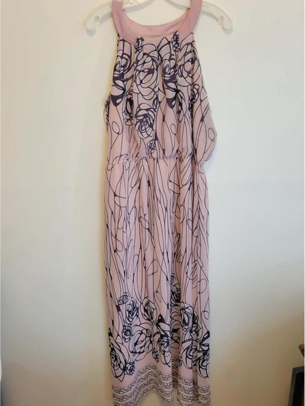 Robbie Bee Pink And Navy Floral Sheer Sleeveless Ladies Dress, 16P